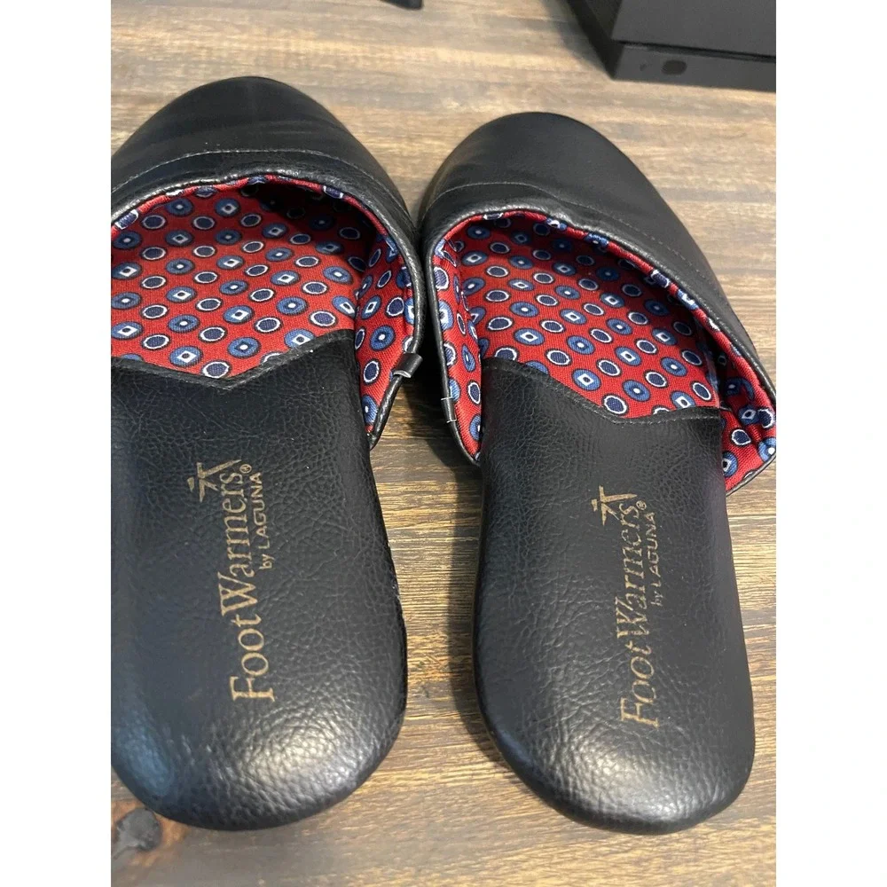 FootWarmers by Laguna Mens Black Faux Leather Scuff Slippers Size 9 4601000